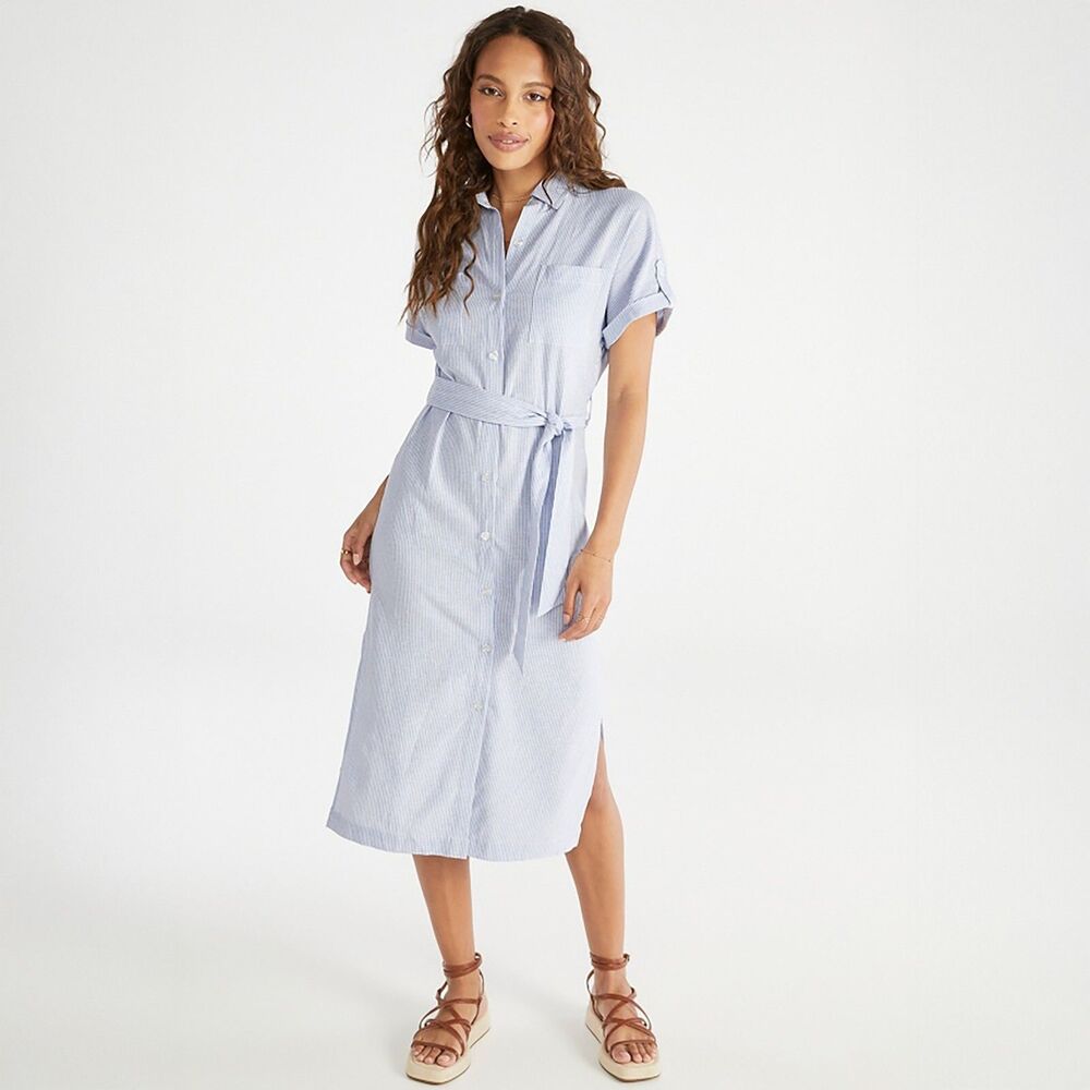 Justfab Striped Linen Blend Shirt Dress Sz XXL Blue White Button-Front Waist Tie
